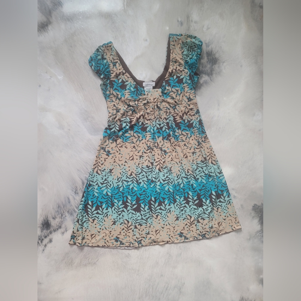 Speechless Teal and Tan Leaf Print Short Sleeve Dress